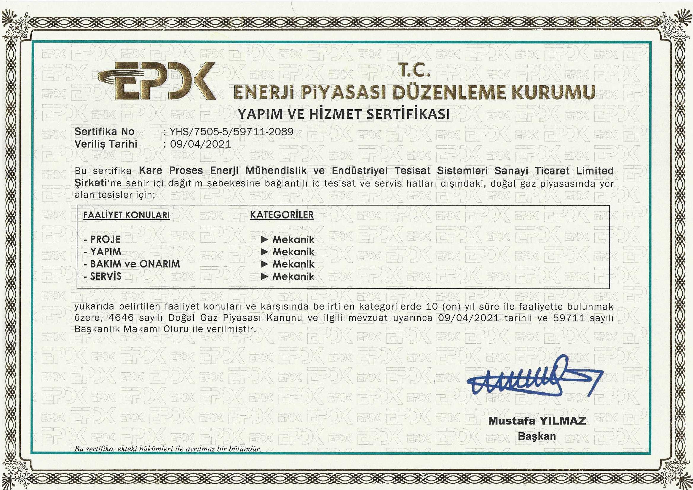 EPDK Doğalgaz yapım bakım sertifikası